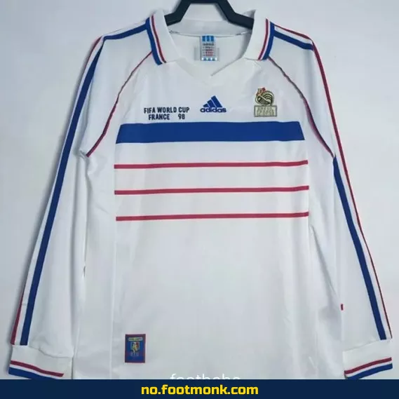 Frankrike 1998 VM vintage fotballdrakt – langermet bortedrakt (authentisk, offisiell replica)
