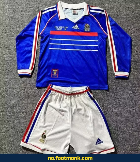 Frankrike 1998 VM hjemmedrakt for barn – Vintage fotballdrakt med langermet – Offisiell replica